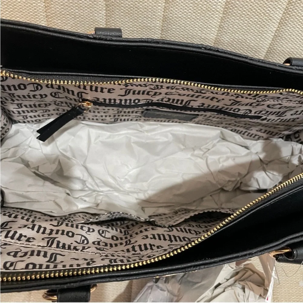 NEW Juicy Couture‎ Black Embossed Logo Tote Bag Gold Rhinestone JC Charm